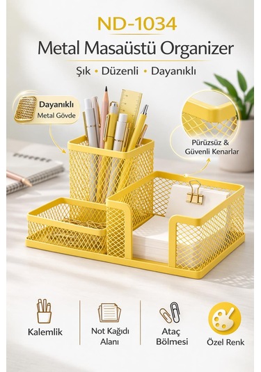 Need Nd-1034 Metal Mesh Masaüstü Organizer 3 Bölmeli, Çok Amaçlı Düzenleyici Sarı