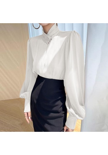 Vonda Kadın Zarif İnci Yakalı Düz Renk Çizgili Uzun Kollu Pileli Bluzlar Beyaz