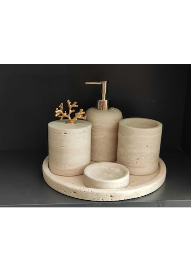 Doğal Taş Traverten 5'li Banyo Seti Gold Mercan Aksesuarlı Beyaz