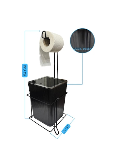 Suntel Lüks Banyo Mutfak Çöp Kovası Metal Standlı Tuvalet Kağıtlık Seti Siyah