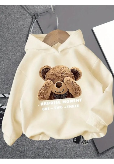 Kışlık Kapüşonlu Sweatshirt, Çocuk Ayı Suprise Baskılı Bej