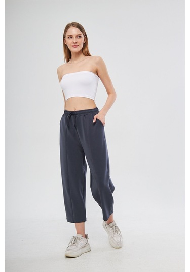 Haki Ultra Yumuşak, Dikiş Detaylı Havuç Kesim Bağcıklı Lastikli Bilek Boy Kadın Modal Pantolon Antrasit