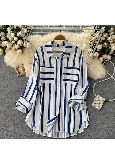 Novahub Yaz Yeni Orta Uzunlukta Dikey Çizgili Çok Renkli Gömlek Ceket Kadın Kore Tarzı Rahat Gevşek Üstler Mavi - 4xl Mavi