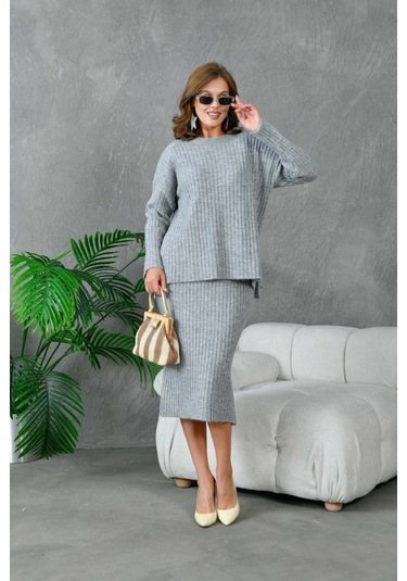 Kadın Bisiklet Yaka Uzun Kazak Etek İkili Triko Takım Gri