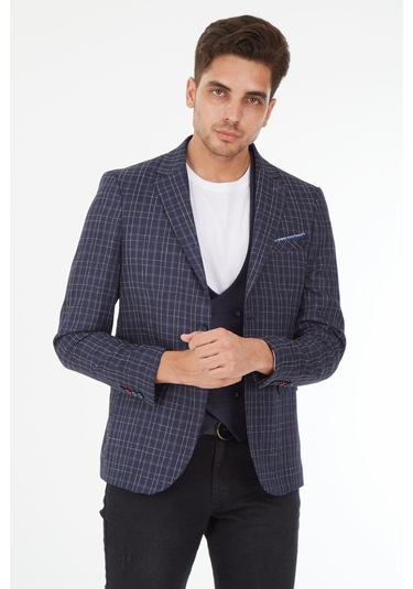 Sposo 5140 Yelekli Dar Kalıp Lacivert Ekose Erkek Blazer Ceket Lacivert