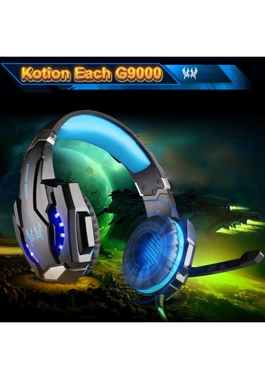 Wezone G9000 Oyun Kulaklığı: 40mm Sürücü, Led Işımlı, Mikrofonlu, 3.5mm Bağlantı, Uzun Kullanim Konforu, Siyah-mavi