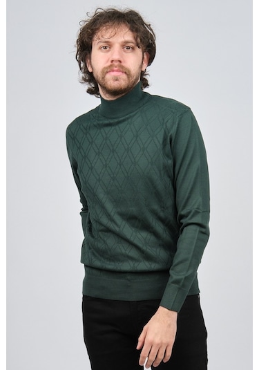 Pave Erkek Yarım Balıkçı Desenli Yün Kazak 4537210 Yeşil Yeşil