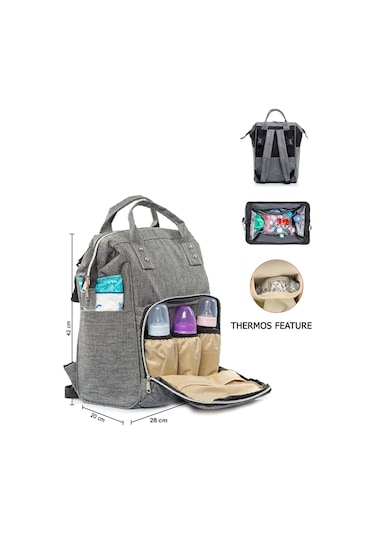 Anne Bebek Bakım Sırt Çantası Gri Termos Bölmeli Gri