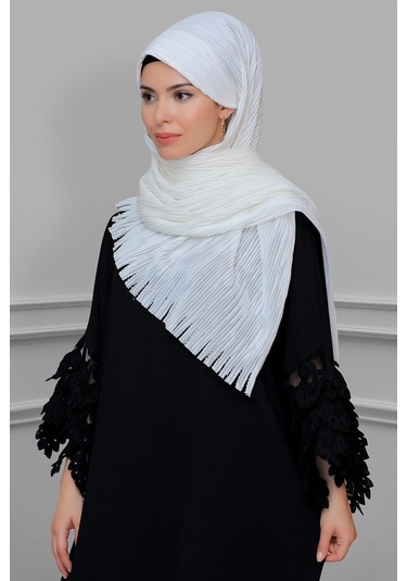 Krem Arkadan Bağlamalı Tesettür Eşarp Kesik Elyaf Piliseli Saçakl (545491493) Krem