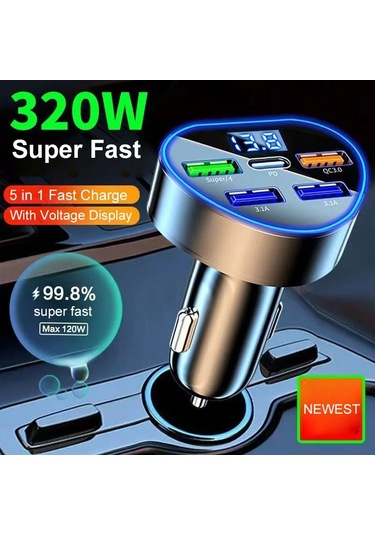 Uyuxıo Usb C Araç Şarj Adaptörü 5'i 1 Arada Gerilim Göstergesi İle Süper Hızlı Car Charger