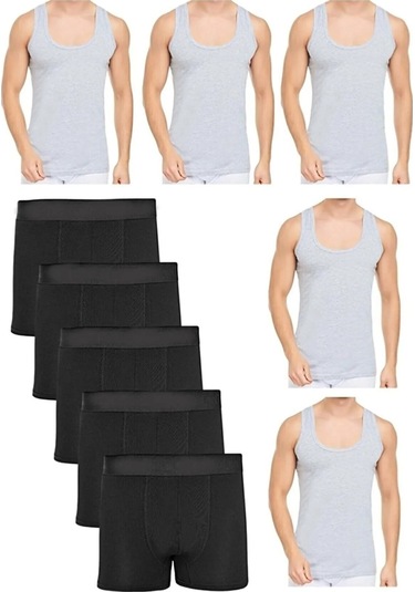 Tezzgelsin Erkek Pamuklu Penye 5 Atlet Ve 5 Boxer Gri Siyah