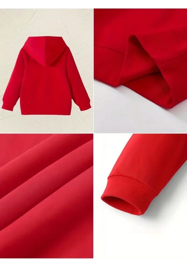 Kışlık Kapüşonlu Sweatshirt, Çocuk Papatya Kelebek Baskılı Kırmızı