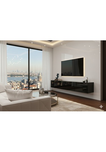 Mac Dizayn Adresan Tv Ünitesi 200 Cm Parlak Siyah Highgloss Modern Tv Sehpası Parlak Siyah