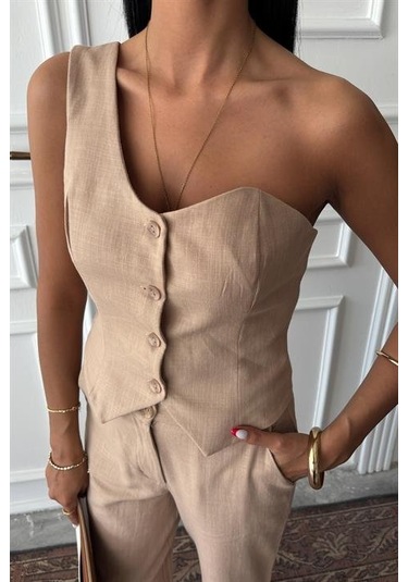 Tek Omuz Büstiyer Plazzo Pantolon Viscon Takım 10159 Bej
