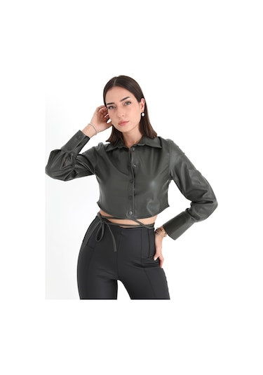 İçi Kadife Bağcıklı Kadın Kısa Deri Gömlek - Haki-haki Haki