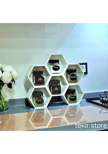 6'lı Baharatlık Takımı Ahşap Beyaz Standlı Petek Model Çift Yönlü Beyaz