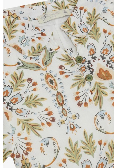 Escabel Kız Çocuk Elbise Çiçek Motifli Kolları Volanlı 5-9 Yaş, Ekru-ekru Ekru