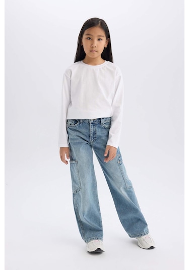 DeFacto Kız Çocuk Wide Leg Kargo Geniş Paça Jean Pantolon D7386A825SMNM39 Mavi