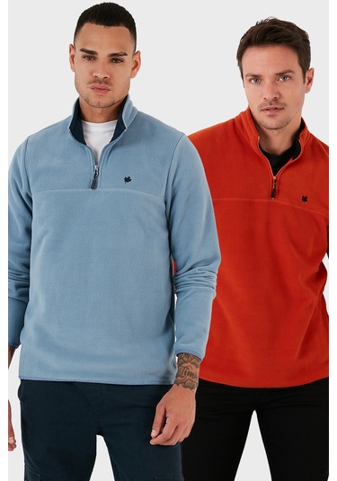 Buratti Slim Fit Anti-Pilling Tüylenme Yapmayan Bato Yaka Şardonlu 2'Li Paket Erkek Polar 5906001S2 Açık Mavi-Orange