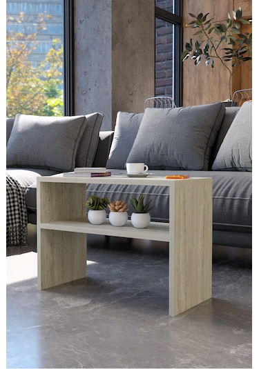 Alpa Ev Mobilya C Tasarım Koltuk Yanı Sehpa, Kitaplıklı Modern Laptop & Kahve Sehpası, Orta Sehpa Traverten