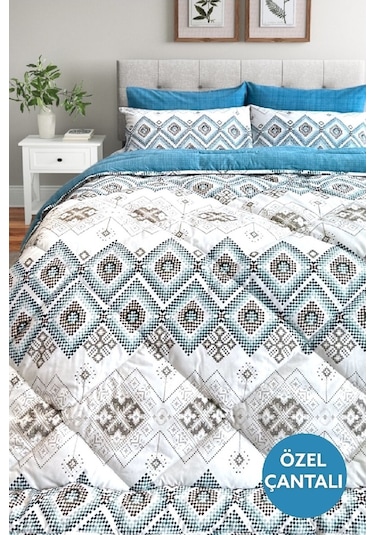 Lux Uyku Seti-tek Kişilik-lastikli Çarşaflı 2yastık Kılıflı-özel Çantada Bohemian Petrol