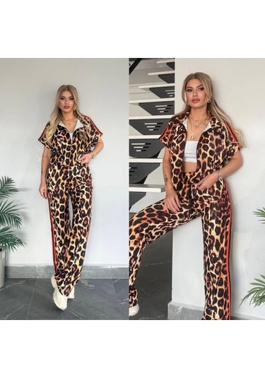 Kadın Dalgıç Kumaş Dijital Leopar Baskılı Şerit Detaylı Takım Leopar