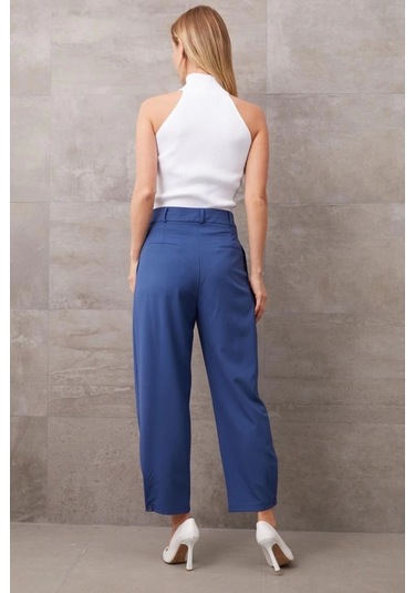Paçası Düğmeli Yüksek Bel Pantolon Indigo