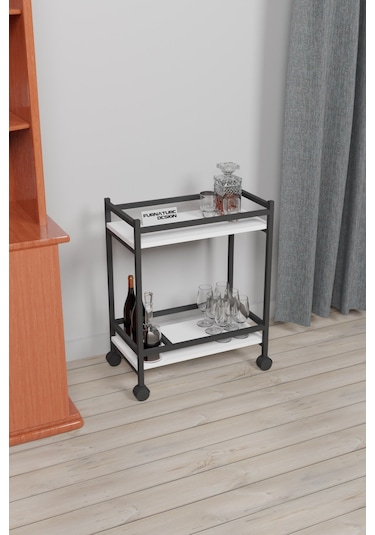 Servis Sunum Arabası Ev Tipi İki Katlı Şişe Bölmeli Servant Beyaz