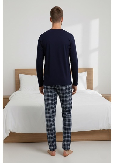 Erkek İnterlok Rahat Kalıp Sıfır Yaka Pamuk Pijama Takımı 6779 Lacivert