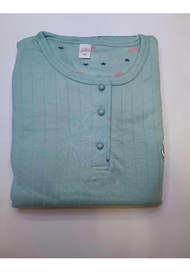 Lindros Kadın Pamuklu Düğme Yaka Raporlu İnterlok Battal Pijama Takımı 05108 - 1 Adet Yeşil
