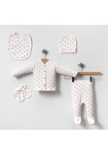 Yeni Doğan Pembe Kalpli 5 Parça Zıbın Set Hastane Cıkışı Pembe