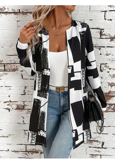 Kadın Uzun Kollu Önü Açık Desenli Modal Kısa Ceket Siyah