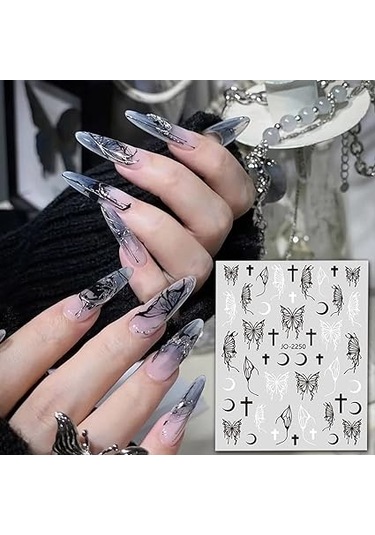 Siyah Beyaz Gümüş Haç Yıldız Ay Kelebekler Tırnak Sanatı Çıkartmaları Folyo B