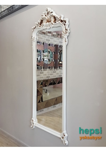 Vintage Madam Model Eskitme Beyaz Renk Varaklı Boy Aynası Beyaz