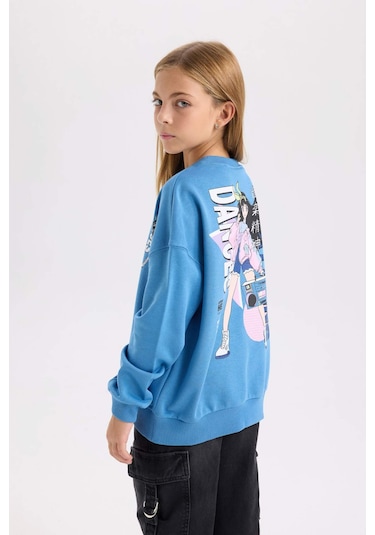 DeFacto Kız Çocuk Relax Fit Bisiklet Yaka Sırt Baskılı Sweatshirt D6496A8NSBE765 Mavi