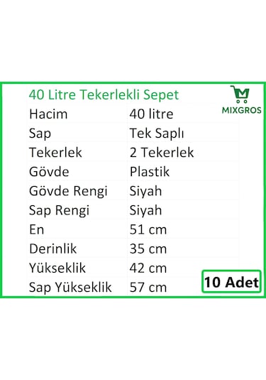 Tekerlekli Plastik Market Alışveriş El Sepeti 40 Litre Siyah 10 Adet Siyah
