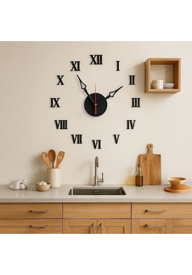 Yapışkanlı Dekoratif Büyük Boy Roma Rakamlı Duvar Saati Siyah