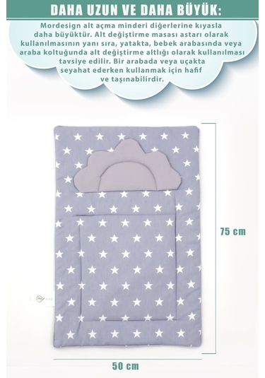 Mordesign Bebek Alt Açma Minderi, Yıkanabilir, Elyaf Dolgulu Alt Değiştirme Pedi, Yıldız Serisi, Gri Zg271-8