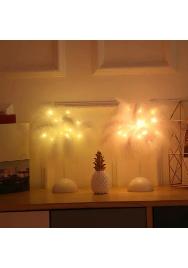 1 Adet Pil Gücü Led Gece Lambası Yatak Odası Düğün Dekorasyon İçin Tüy Masa White Beyaz