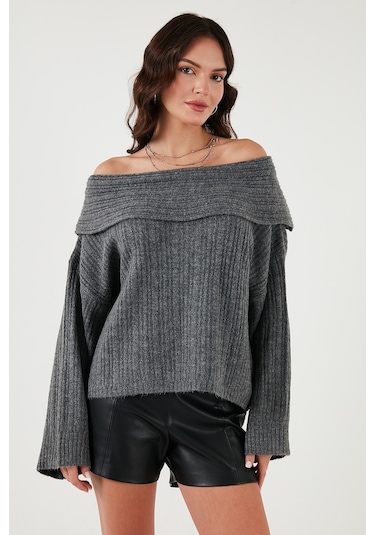 Lela Oversize Fit Madonna Yaka Triko Bayan Kazak 4615216 Antrasit