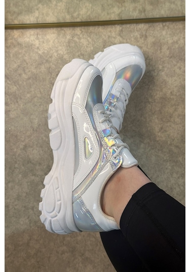 Günlük Kadın Spor Ayakkabı Yüksek Kalın Taban 6 Cm Suni Deri Sneaker 001 Beyaz Hologram