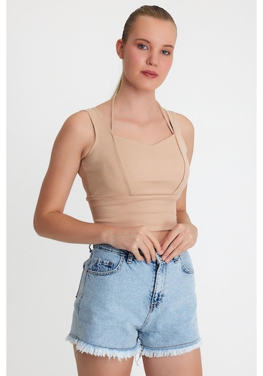 Polo State Kadın Ense Biye Detaylı Crop Bej
