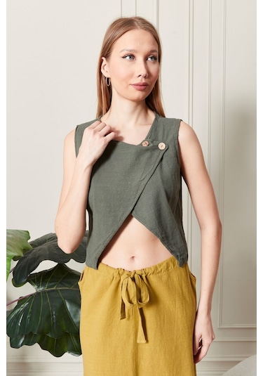 Şık Farklı Tarz Asi Keten Bluz - Modern Ve Cesur Tasarım Haki