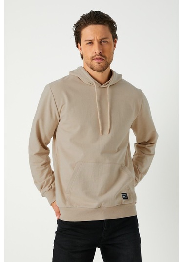 MMetalic Bej Erkek Kapüşonlu Kanguru Cepli Sweatshirt Bej