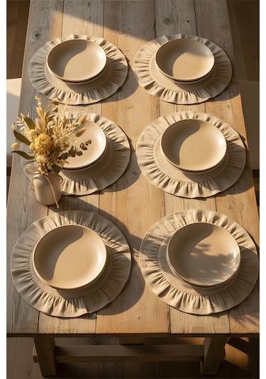 Pamuklu Fırfırlı Supla 6'lı Set Amerikan Servis 33 Cm Çap Supla 6'lı Bej