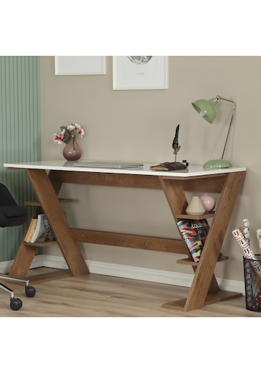 Pasific Home Lungo Raflı Çalışma Masası, Ofis Masası, 60X140 Cm, Koyu Meşe&Beyaz