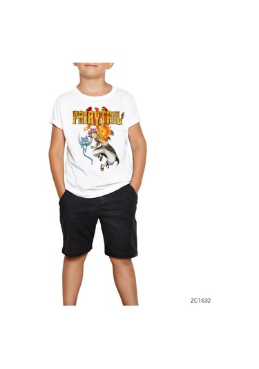 Fairy Tail Happy Natsu Beyaz Çocuk Tişört Siyah