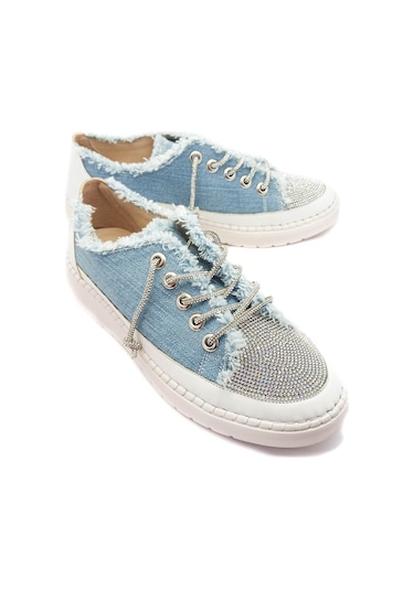 Mavi Renk Taşlı Düz Taban Kadın Kot Sneakers Mavi