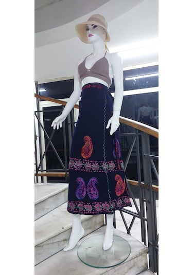 Hint Batik Çiçek Desenli Ve İşlemeli Uzun Hint Anvelop Etek Lacivert