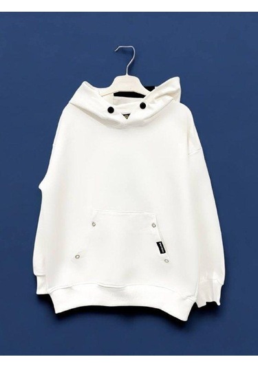 Çocuk Çıtçıt Detaylı Kapüşonlu Pamuklu Sweatshirt-14837 Ekru